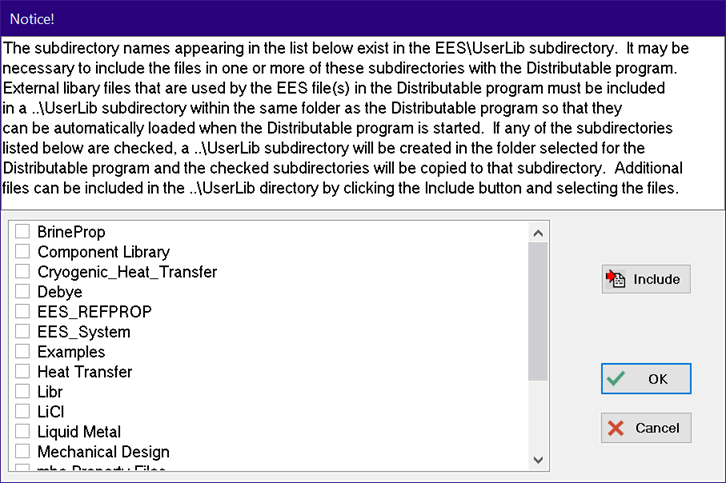 This dialog shows all of the subdirectories containing library files that are installed in the USERLIB folder in your installed version of EES.